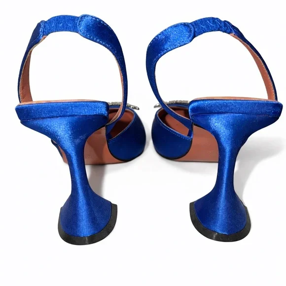 Sapphire Blue Satin Pointed Slingback Heels with Crystal Rosette - Picture 3 of 4